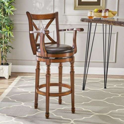 Brown Traditional Leather 30.5 Inch Swivel Barstool with Arms, Chocolate Brown