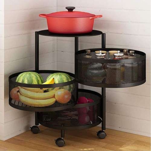 3 Layers Of Multipurpose Round Rotating Kitchen Shelf - Black