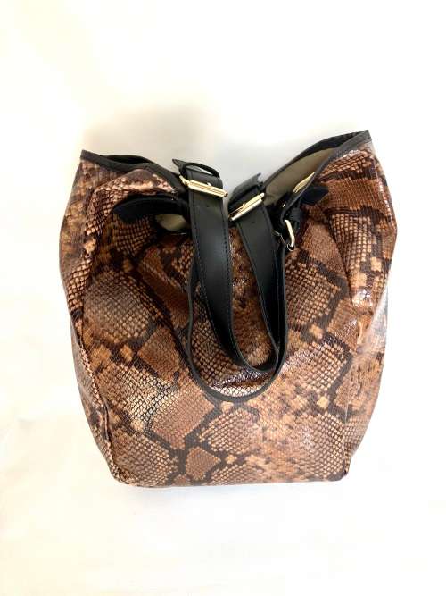 Genuine Italian Leather Brown Hobo Handbag Snake Emboss  -MADE IN ITALY