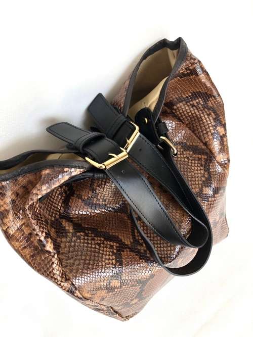 Genuine Italian Leather Brown Hobo Handbag Snake Emboss  -MADE IN ITALY