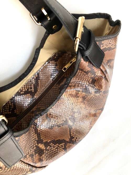 Genuine Italian Leather Brown Hobo Handbag Snake Emboss  -MADE IN ITALY