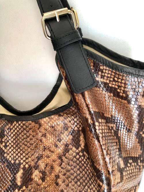 Genuine Italian Leather Brown Hobo Handbag Snake Emboss  -MADE IN ITALY