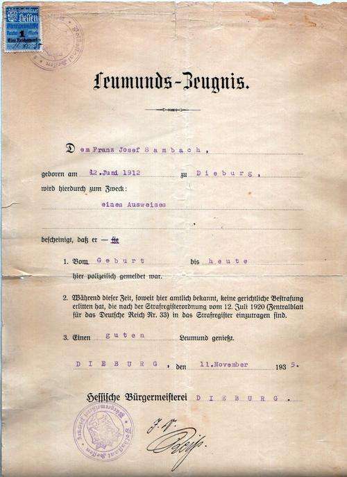 Nazi Germany - Vintage document - Leumundszeugnis Certificate of morality Dieburg1935