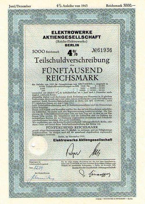 Nazi Germany - Stocks & Bonds, Scripophily - Teilschuldverschreibung  elektrowerke AG 5000 RM  Berli