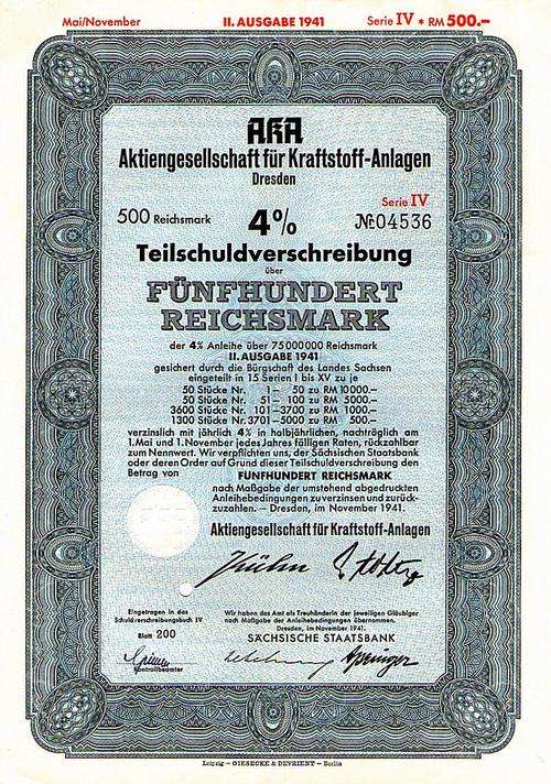 Nazi Germany - Stocks & Bonds, Scripophily - Teilschuldverschreibung  AKA Dresden 1941 500 RM
