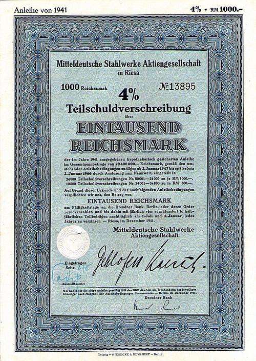 Nazi Germany - Stocks & Bonds, Scripophily - Teilschuldverschreibung  Stahlwerke Riesa  1000 RM 1941