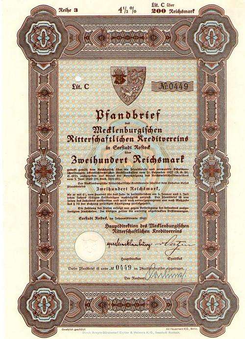 Nazi Germany - Stocks & Bonds, Scripophily - Pfandbrief Seestadt Rostock 200 RM 1940