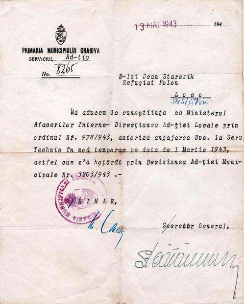 WW 2 - Certificate for a Polish war prisoner - Romania Craiova City Hall  13.05.1943