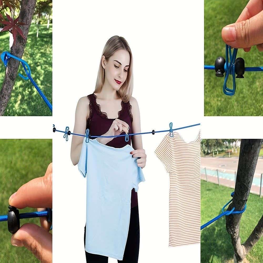 Portable Travel Stretchy Clothesline Outdoor Camping Windproof Clothes Line with 12 Clamp Clip Hooks