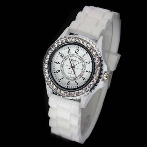 Geneva White Crystal Silicone Watch