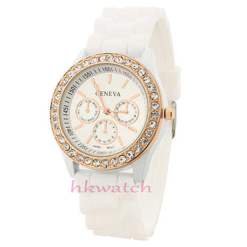 Geneva White Crystal Silicone Watch with Gold