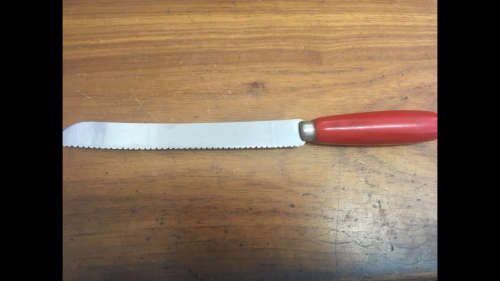 Vintage Stainless Steel Bread Knife - Made in England - Red Wooden Handle