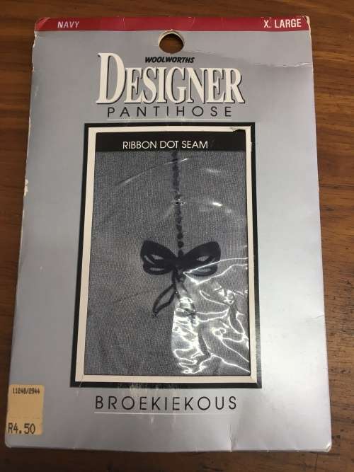 Vintage Designer Pantihose - Woolworths - Navy - Size X Large - Ribbon Dot Seam - Still Sealed