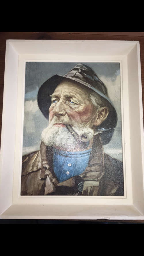 Hans die Skipper Prent / Old Fisherman with Pipe Framed Print by Harry Haerendel 38cm x 28cm