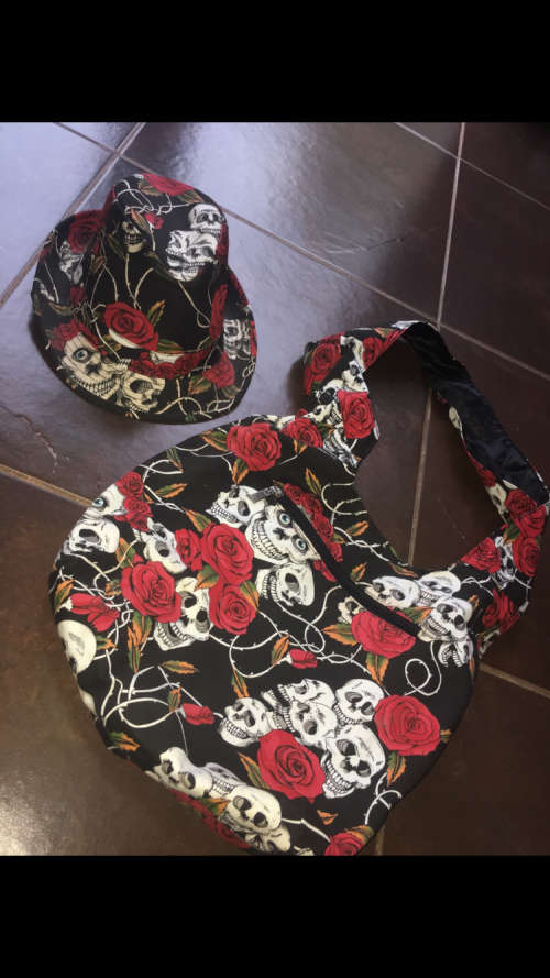 Hat with Skull and Rose detail  & Matching Bag