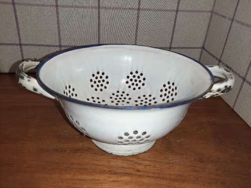 Vintage Enamel Strainer with Blue Trim