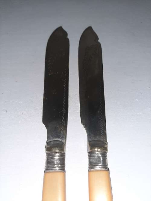 2 x Vintage Fish Knives - Bone Handle with Sterling cuff