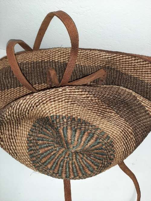 Handbag with leather straps, etc.