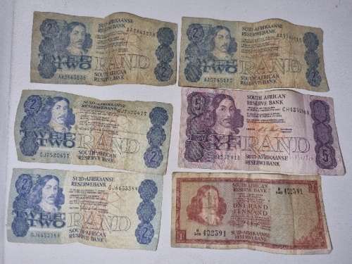 6 x Old SA Bank Notes - R1, R2, R5