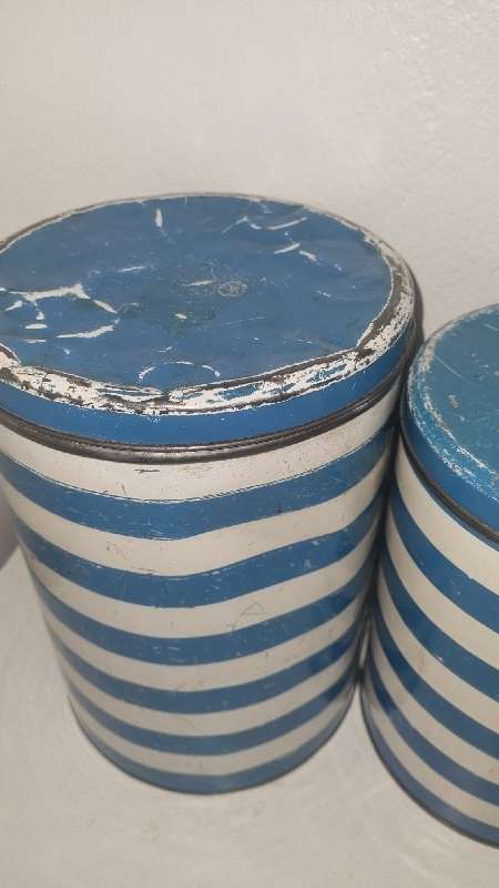 Set of 4 Vintage Tins - Blue and white striped tins