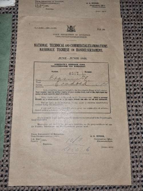 Some vintage documentation - 1930`s and 1940`s incl. Admission Card, Voortrekker Verslagkaart, exams