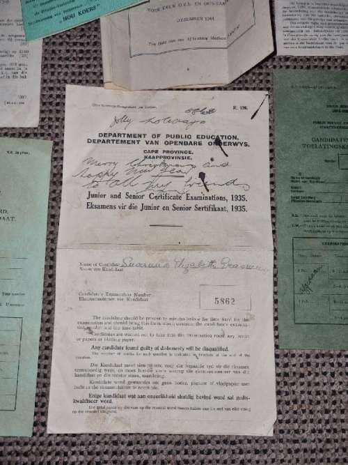 Some vintage documentation - 1930`s and 1940`s incl. Admission Card, Voortrekker Verslagkaart, exams