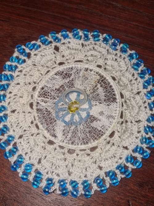 Beautiful Vintage Milk Jug Doily with Beaded detail - Diameter - 15cm