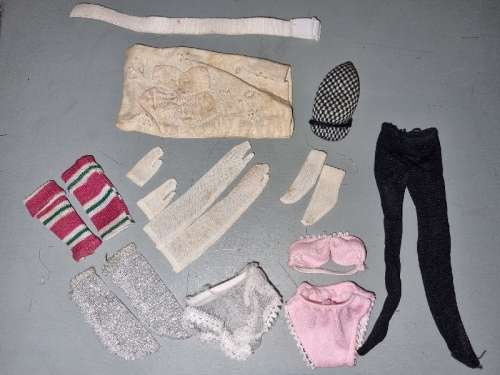 Vintage Barbie Clothing items, including gloves, lingerie, pillow case, cap, etc.