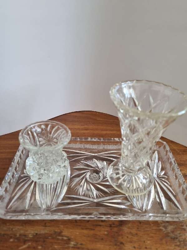 3 x Glass items including cut glass - Tray & 2 small vases - Beautiful
