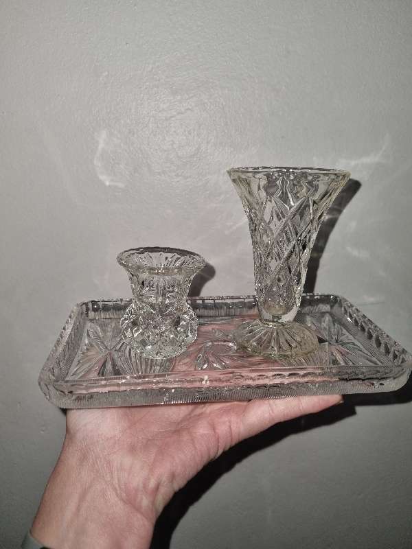 3 x Glass items including cut glass - Tray & 2 small vases - Beautiful