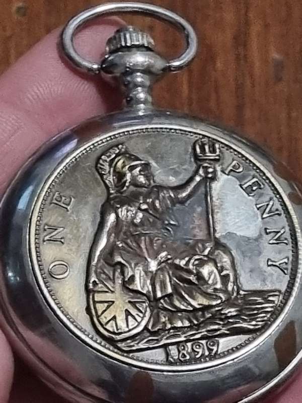 Pocket watch with replica of 1899 One Penny on one side