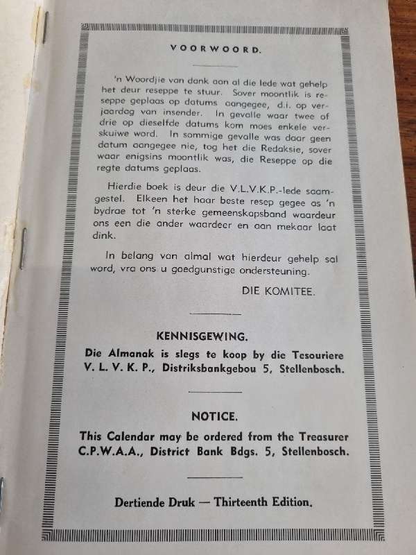 Vintage Recipe Book - VLVKP - CPWAA Calendar of Pudding / Almanak van Poeding