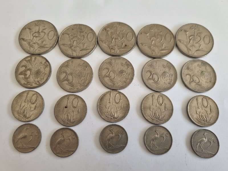 20 x Old SA coins - 50c, 20c, 10c and 5c