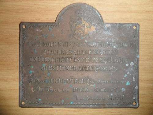 Very old embossed brass anti-poaching notice - 1868 - Unique item - have a look!