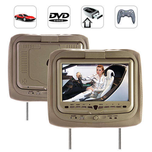 9 Inch Headrest DVD Player + Gaming System + FM Transmitter (Tan Pair) - C81 - TAN