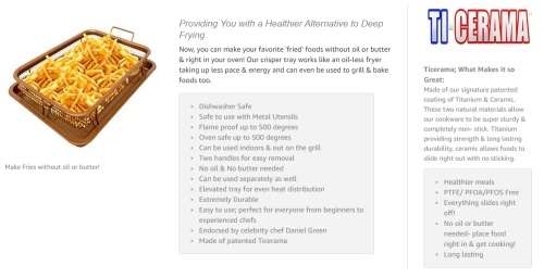 Copper Rectangle Crispy Tray Oven Air Fryer Mesh Basket Ceramic Coating - Cook With No Oil