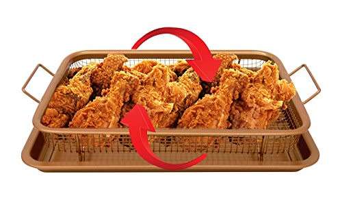 Copper Rectangle Crispy Tray Oven Air Fryer Mesh Basket Ceramic Coating - Cook With No Oil