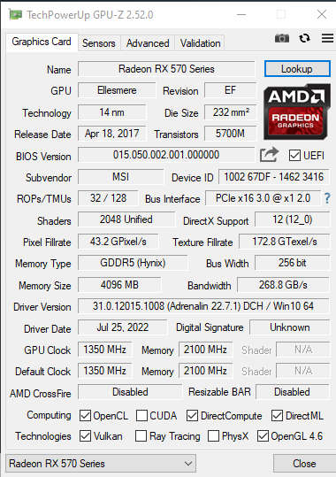MSI AMD Radeon RX 570 4 Gb graphics card for sale (EXCELLENT CONDITION)
