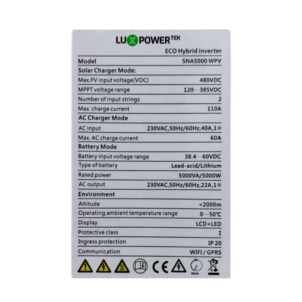 LuxPower Hybrid Inverter 5000W 48V - SNA5000WPV  ( Box Opened )