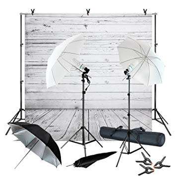 Julius Studio Wood Floor Backdrop Muslin with Umbrella Lighting Kit, Background Support Stand, Bulb,