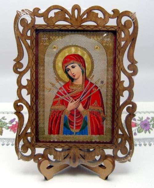 Traditional Russian Icon of Mother Marry "Melter of Evil Heart" in Carving Plywood Frame with Stand.