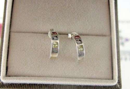 Beautiful 925 Silver Eternity Earrings with Line of Multicolored Stones.