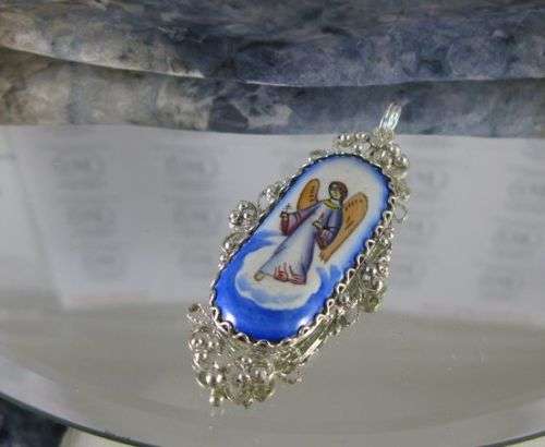 Traditional Russian Enamel "Finift" Pendant with Icon Angel from Rostov City. Hand Made in Russia.