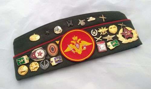 Original Russian Army Officers Side Cap "Pilotka" with Set of Collectible Badges Mint Condition
