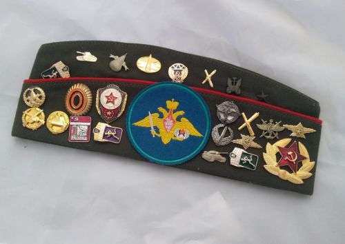 Original Russian Army Officers Side Cap "Pilotka" with Set of Collectible Badges Mint Condition