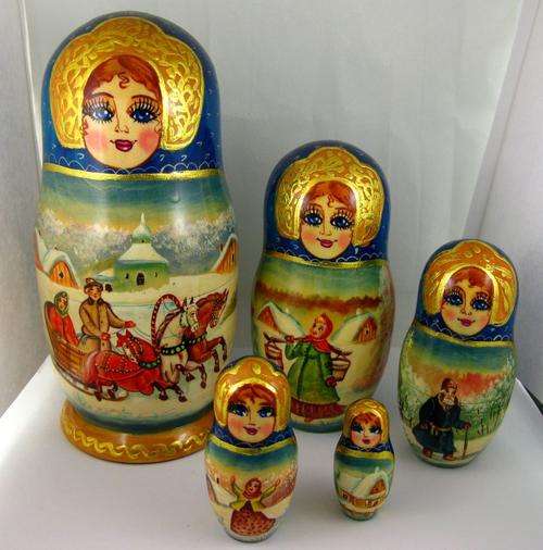 Beautiful Traditional Russian Doll "Matryoshka" - "TROYKA" Sergiev Posad, Signed. Set of 5.