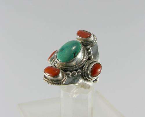 Huge Unusual Old Vintage 925 Sterling Silver Ring with Turquoise & Corals. Hand Made.
