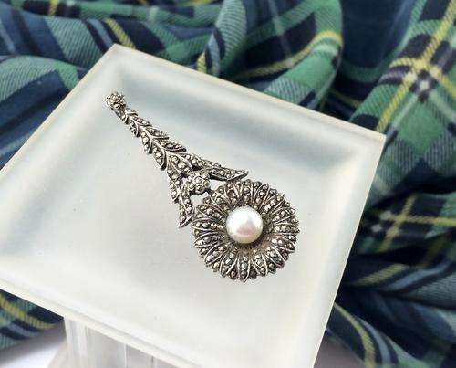 Stunning , Vintage Sterling silver Flower Design drop Pendant with Sea Pearl and Marcasites