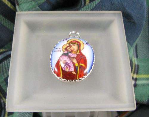 Traditional Russian Enamel "Finift" Pendant with Icon from Rostov City. Hand Made in Russia.