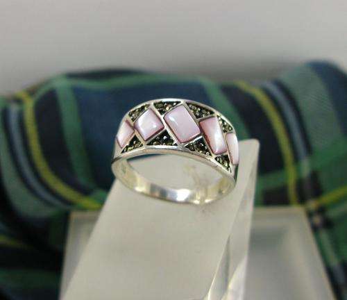 Unusual Vintage 925 Silver Ring with Mother of Pearl & Marcasites. Hand Made.